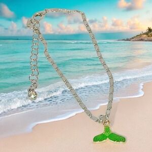 White Gold Ankle Bracelet with Green Mermaid Tail Charm Oceancore Seaside Beachy